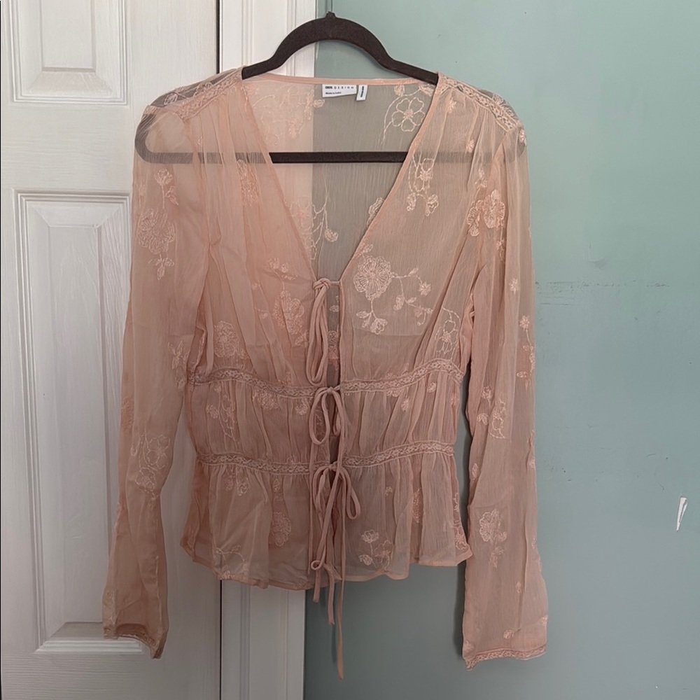 Sheer Lace Tie-Front Blouse - Pink